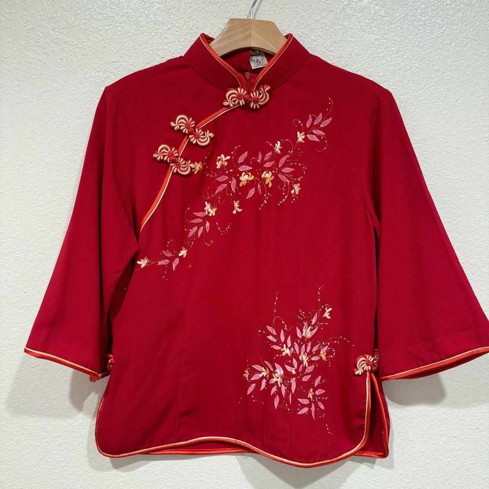 chinese vietnamese red asian oriental floral print silk long short sleeve top